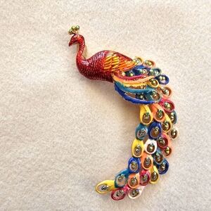 Colorful Luxury Large Enameled Peacock Brooch Pin Aurora Borealis Crystals